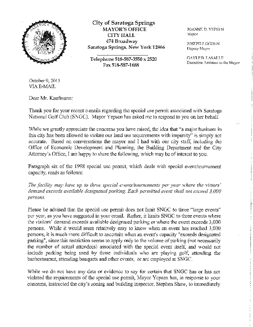 Letter to John Kaufmann from Deputy Mayor Friday October 9th-1